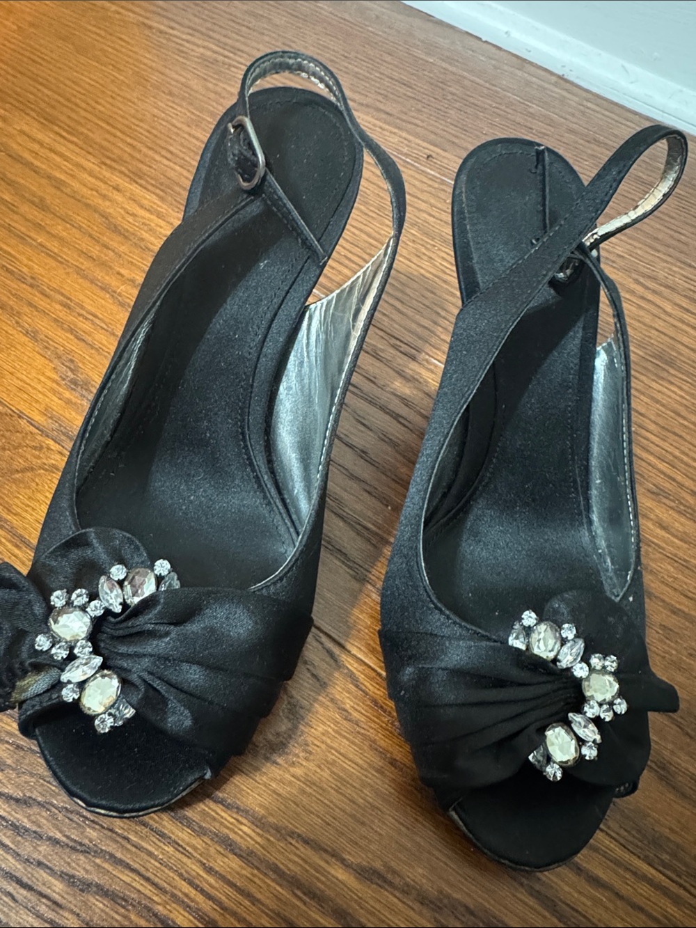 Comfortiva Black Satin Slingback Heels with Crystal Detail